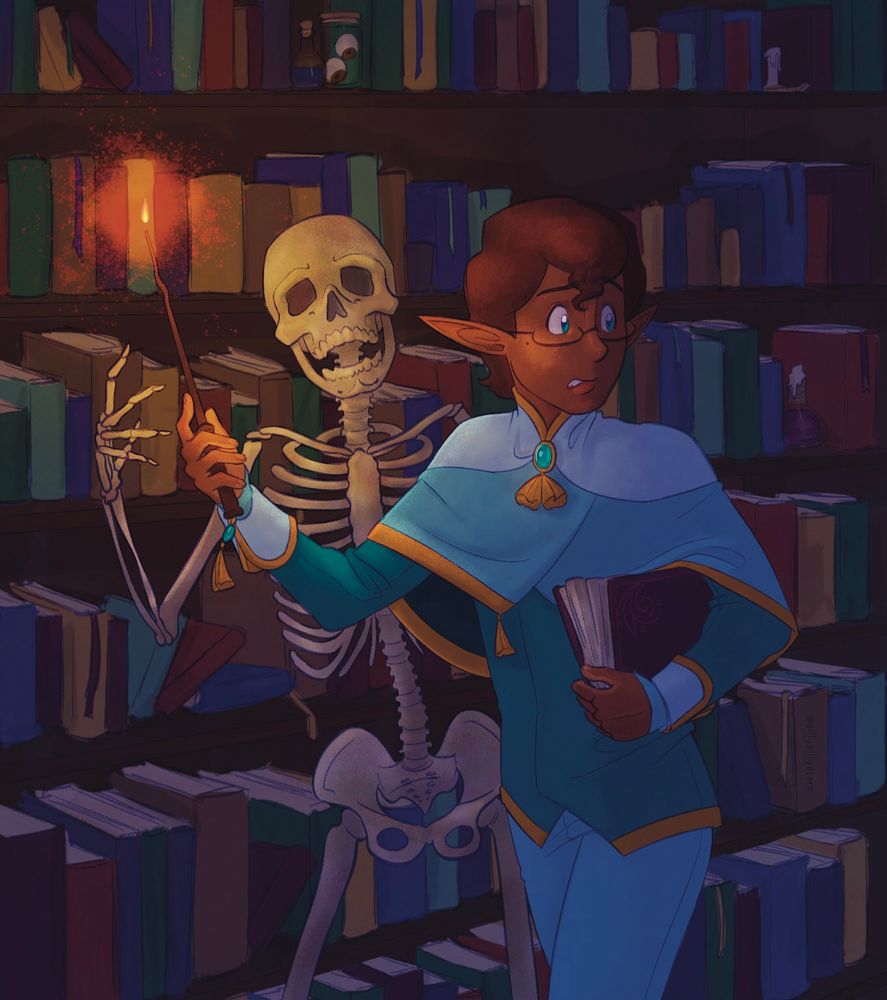 digital illustration of my oc, saerus. they’re an elf with brown skin and hair, and an outfit in a range of teals with golden trim, featuring an elbow length cape and a brooch between their collarbones. 

saerus is in a dark library, holding their wand in one hand, which lights their way with a small flame. their other hand holds a large book close to their side. as they walk, they look behind them, an apprehensive and worried expression on their face. little do they know, a skeleton is just out of view, between them and the book shelf, about to grab their wand. 