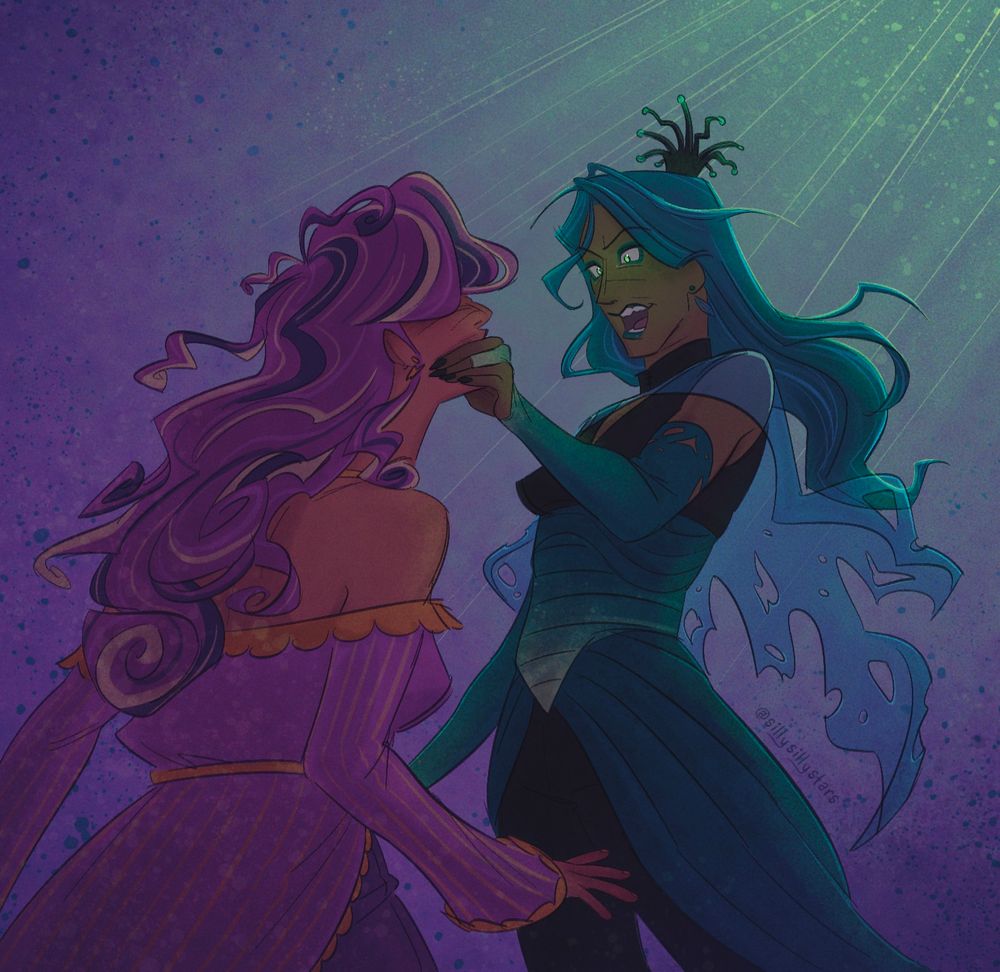 digital illustration of mlp characters as humans, specifically princess cadance and queen chrysalis. chrysalis is holding cadances face aggressively, looking very menacing.