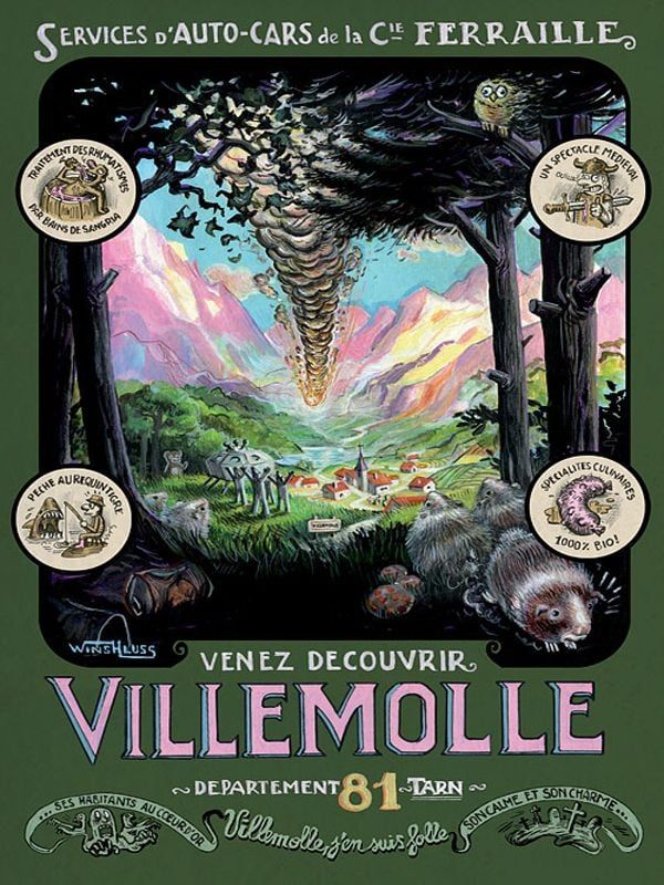Affiche du film "villemolle 81" parodiant une publicité pour un village annonçant"venez découvrir Villemolle, département 81 Tarn"