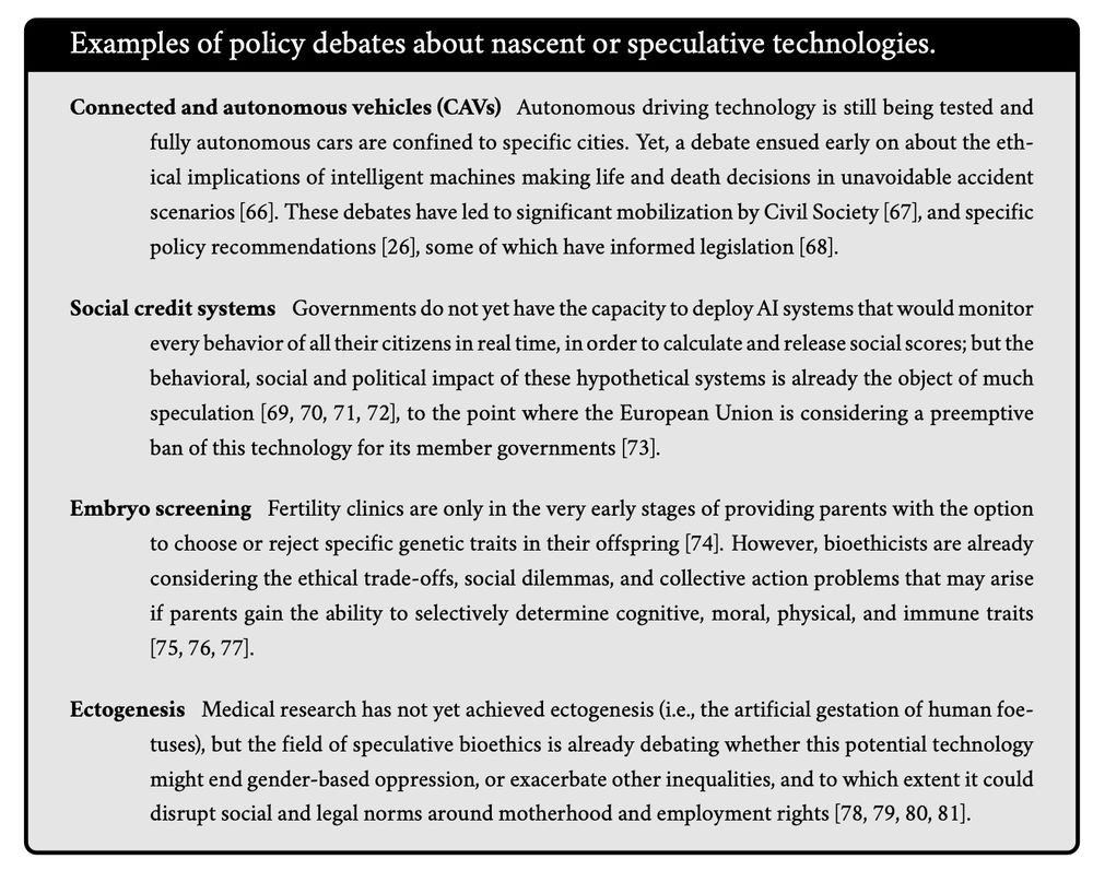 Title: Examples of policy debates about nascent or speculative technologies.
	1.	Connected and autonomous vehicles (CAVs)
Autonomous driving technology is still being tested, and fully autonomous cars are confined to specific cities. Yet, a debate ensued early on about the ethical implications of intelligent machines making life-and-death decisions in unavoidable accident scenarios [66]. These debates have led to significant mobilization by Civil Society [67], and specific policy recommendations [26], some of which have informed legislation [68].
	2.	Social credit systems
Governments do not yet have the capacity to deploy AI systems that would monitor every behavior of all their citizens in real time, in order to calculate and release social scores; but the behavioral, social, and political impact of these hypothetical systems is already the object of much speculation [69, 70, 71, 72], to the point where the European Union is considering a preemptive ban of this technology for its member governments [73].
	3.	Embryo screening
Fertility clinics are only in the very early stages of providing parents with the option to choose or reject specific genetic traits in their offspring [74]. However, bioethicists are already considering the ethical trade-offs, social dilemmas, and collective action problems that may arise if parents gain the ability to selectively determine cognitive, moral, physical, and immune traits [75, 76, 77].
	4.	Ectogenesis
Medical research has not yet achieved ectogenesis (i.e., the artificial gestation of human fetuses), but the field of speculative bioethics is already debating whether this potential technology might end gender-based oppression, or exacerbate other inequalities, and to which extent it could disrupt social and legal norms around motherhood and employment rights [78, 79, 80, 81].