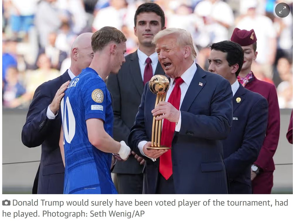 Trump giving Golden Ball award to Cole Palmer. Caption says: Donald Trump would surely have been voted best player of the tournament, had he played.