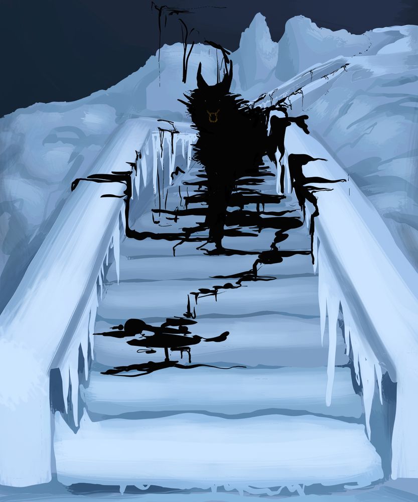 A rough digital painting of a mountainside completely covered in deep snow. A staircase starts in the background and curves down towards the viewer, who looks up at the silhouette of a werewolf descending the stairs, the only visible detail being its beady eyes and snarling yellow teeth. The werewolf is leaching a black substance that spreads across the stairs and railings. It's hard to distinguish where the wolf ends and the substance begins.