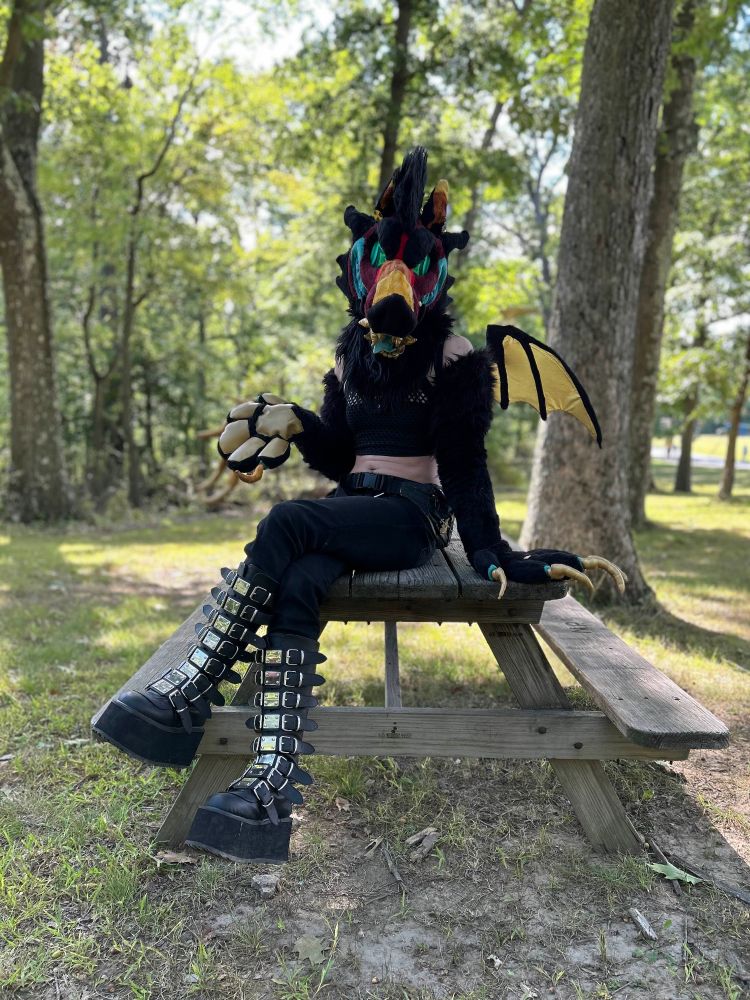 A photograph of a black red and gold boar-dragon partial fursuiter wearing an all black outfit including a crop top, skinny jeans, and knee high demonias with lots of buckles. They sit on a picnic bench in a sunny forest
