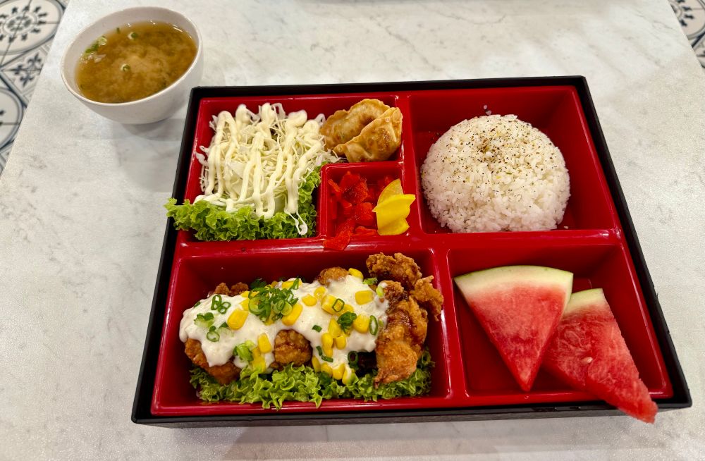 Japanese bento box with chicken, rice, cabbage, pickled vegetables, veggie rolls and watermelon slices.