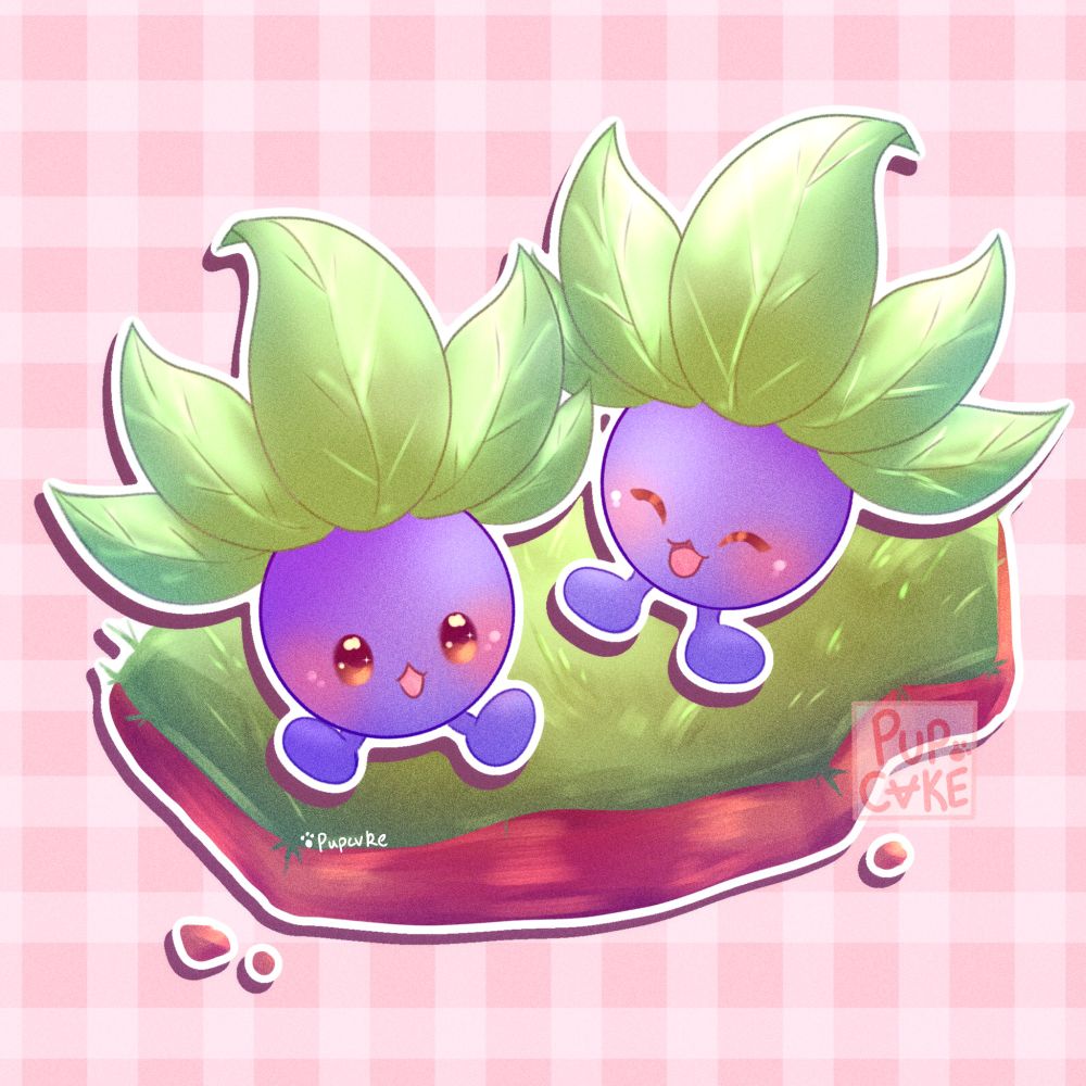 Two Oddish sitting on a grassy patch. They're smiling and playing with one another.