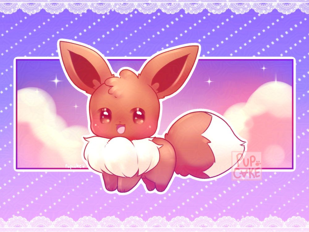 A little Eevee smiling happily in front of a cloudy sunset sky.