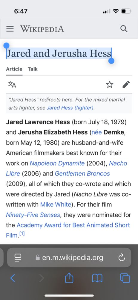 Wikipedia page for “Jared and Jerusha Hess”
