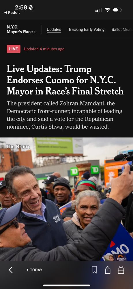 NYT article hed and dek:

Live Updates: Trump Endorses Cuomo for N.Y.C. Mayor in Race’s Final Stretch

The president called Zohran Mamdani, the Democratic front-runner, incapable of leading the city and said a vote for the Republican nominee, Curtis Sliwa, would be wasted.