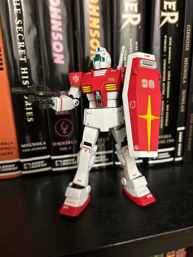 Front view of a high grade RGM 79 gunpla 