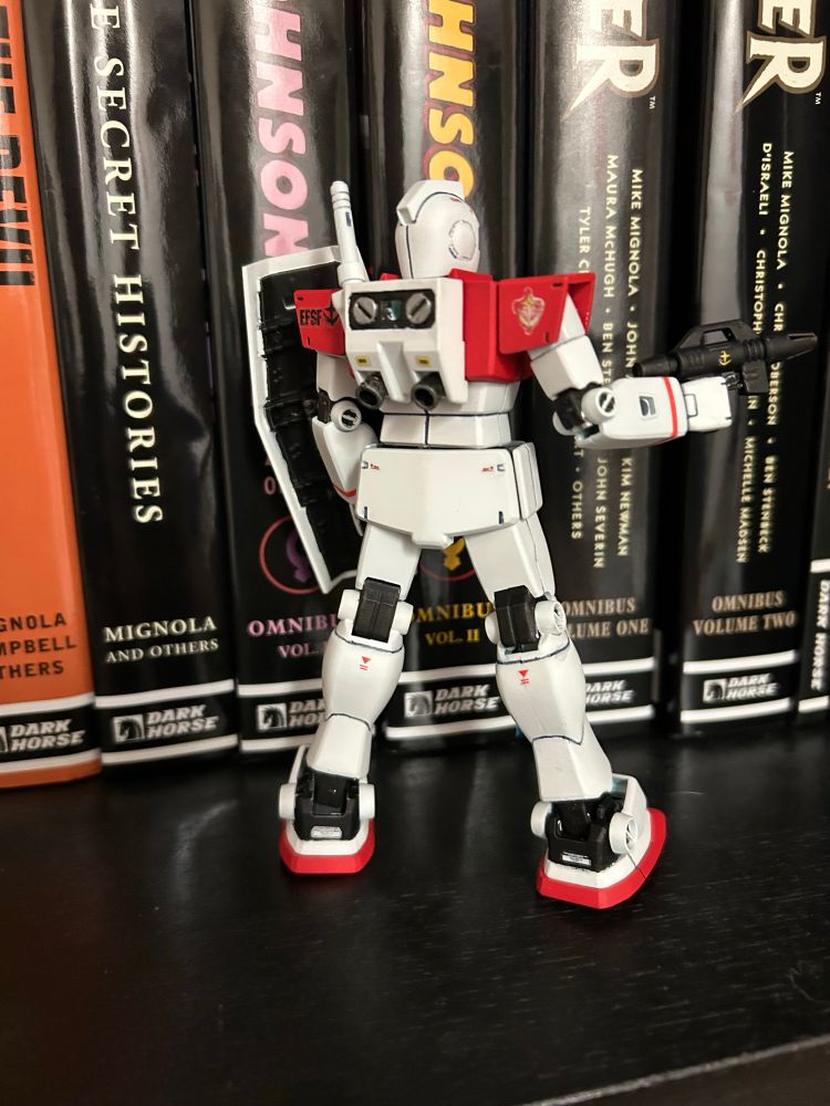 Back view of a high grade RGM 79 gunpla 