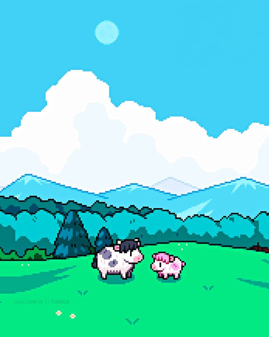pixel art gif of cows in a field from the main menu screen of Fields of Mistria