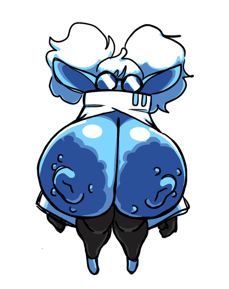 a blue goblin with some kinda inefficient lab-coat that leaves her tits out in the open (on purpose)