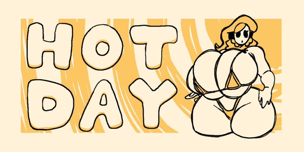 a shygal in a bikini standing next to the words "hot day"