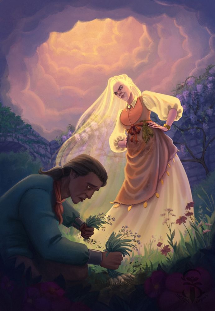Coloured and rendered illustration of the witch in rapunzel, as she catches the father of rapunzel stealing from her garden. She makes a deal with him, he can take her vegetables if she can have his daughter.