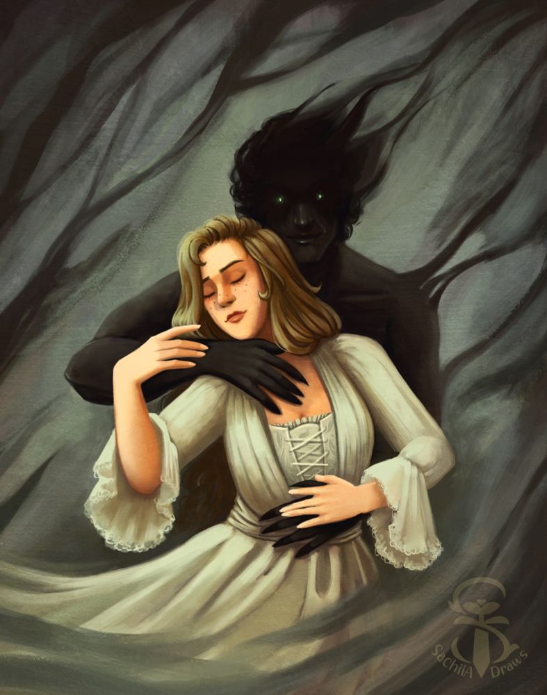 Coloured and rendered illustration of the Invisible Life of Addie La Rue featuring Addie and Luc, the god she prayed to after dark. He holds her from behind in an almost loving way and she melts into him in a wedding dress. Art by SachiiA Draws