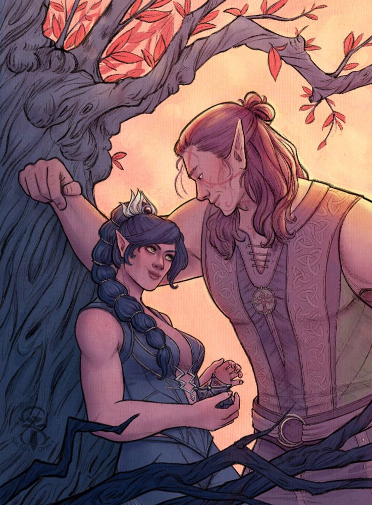 Illustration of Shadowheart and Halsin in a kabedon pose where she leans against the tree and he has his arm above her, also leaning against the tree. It is a romantic setting and there is soft orange light coming in behind Halsin. By SachiiA Draws.