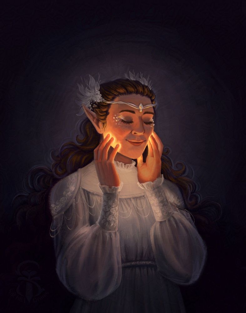 An illustration of an elf, wearing a delicate white lace shirt and a delicate tiara. She is touching her fingertips to her cheeks where it glows, smiling softly with her eyes closed.