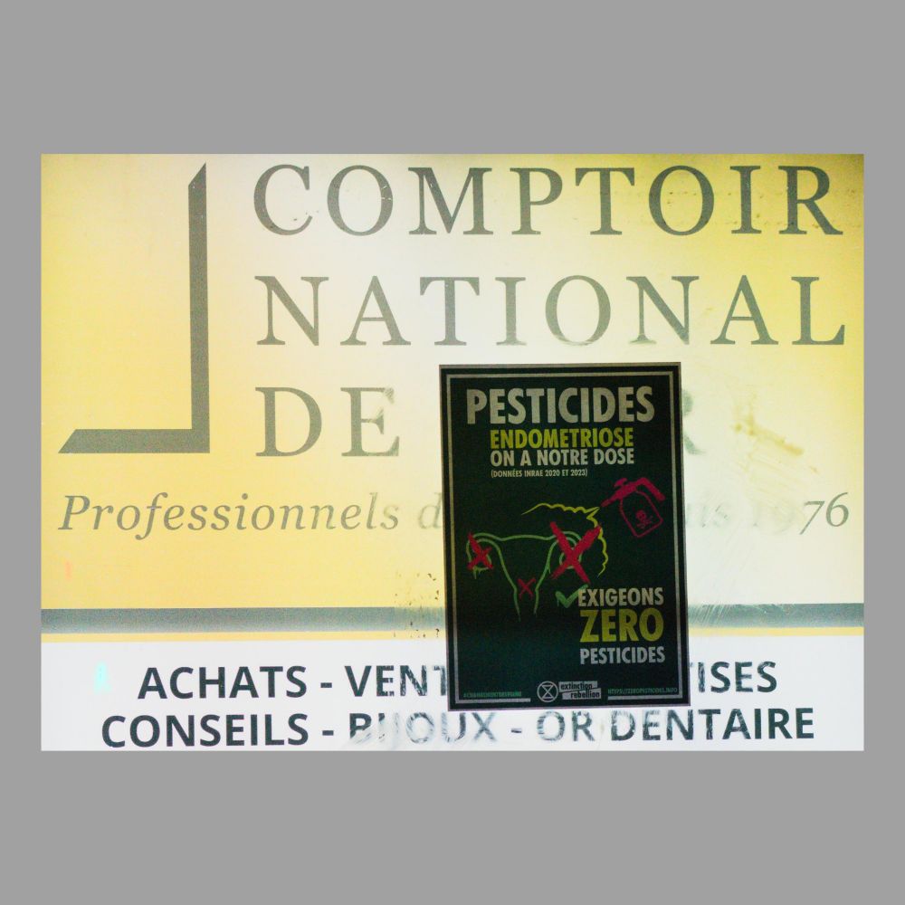 Photo d'un panneau publicitaire avec une affiche de la campagne XR Changement de régime. On peut notamment y lire "Comptoir national de pesticides". 