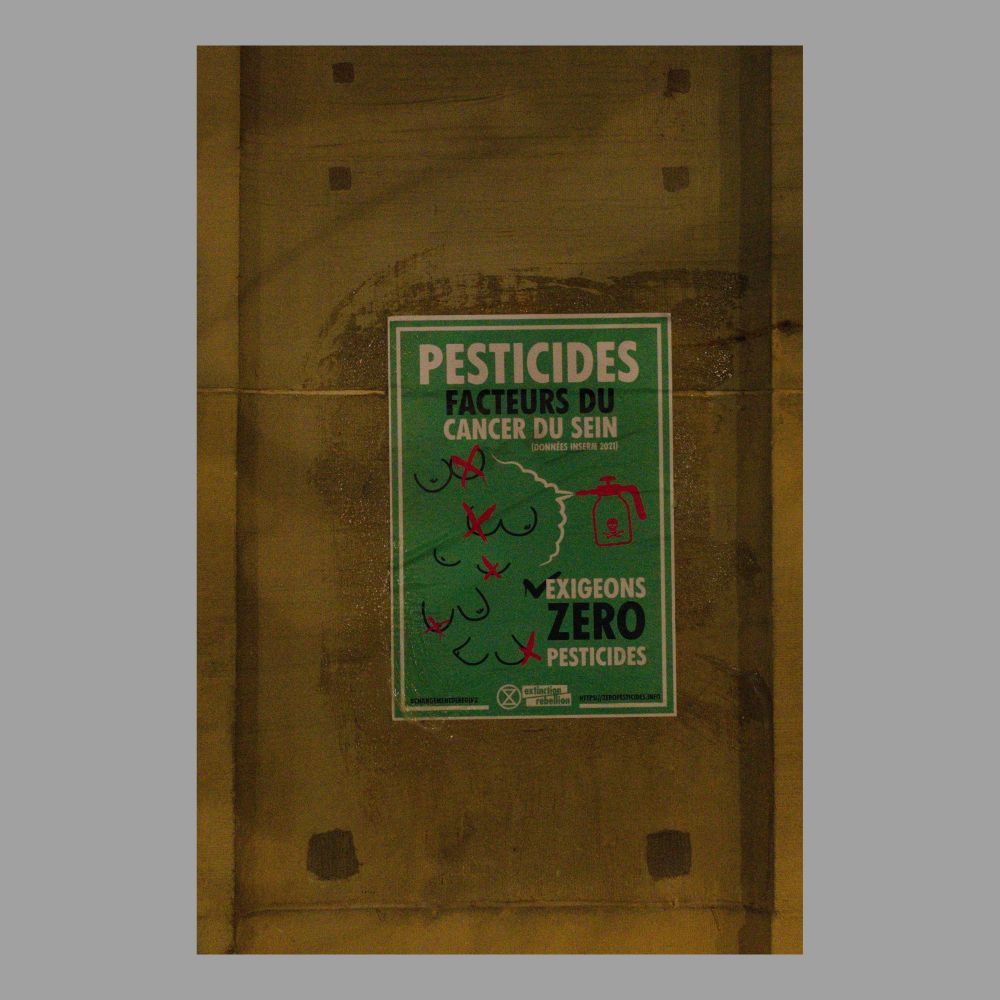 Photo d'un panneau publicitaire avec une affiche de la campagne XR Changement de régime. On peut notamment y lire "Facteurs du cancer du pesticides". 