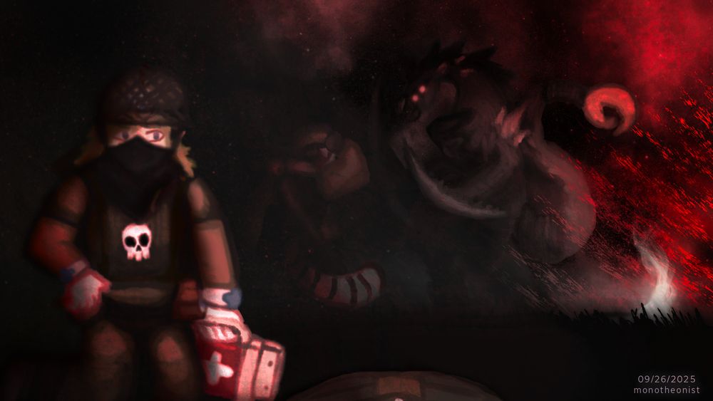In the left there's a corpsman-looking fellow with a medkit in one hand and white gloves, and smoke behind him. He's in army attire, and is wearing a wrap around his face. He has leafy green hair and a skull icon on his armor. On his wrists there are bands with a blue plus on each. There is a stasis bag in low light next to him, below him.

In the background, half submerged in smoke, there is another soldier with a tail (felinid) and they seem to be looking at a really big alien in front of them (Ravager from RMC-14.) There's a red flare on the ground (looks white due to the lighting) behind the Ravager. The sky around them is a red. There's some sort of red coming from the right side of the screen, perhaps blood.
In the bottom left, the piece is signed "09/26/2025 monotheonist."