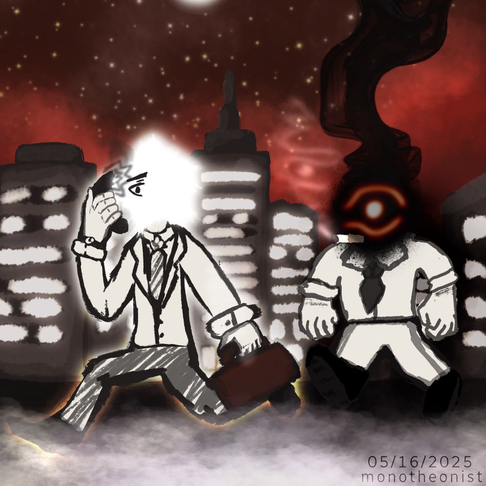 There’s a cityscape in the background and orange skies behind the buildings. In the middle of the image are two businessmen. One crony’s head is a light. He has a briefcase and a wireless telephone receiver. Someone is yelling at him through the receiver. He is also wearing dark pants, black shoes, a black watch and a suit. Only one of his eyes is shown, lined in black, and it looks anxious. 
Behind him is the other crony, with a head that’s a black hole with smoke coming out of the top, and he has a cigarette in his mouth which isn’t drawn. There’s a orangey eye burned into his face that is wide open. He’s wearing a dress shirt with its sleeves up, a tie, dress pants, and black shoes. He has a confrontational stance in comparison to the other guy.
Around the road they’re both on, there’s a white mist. The piece is signed in the bottom right corner “05/16/2025 monotheonist.”