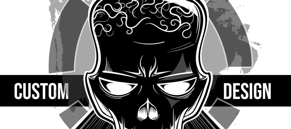 Banner that reads custom design with a stylised vector skull in the middle that's a take on the rogue symbol from the division 1 game 