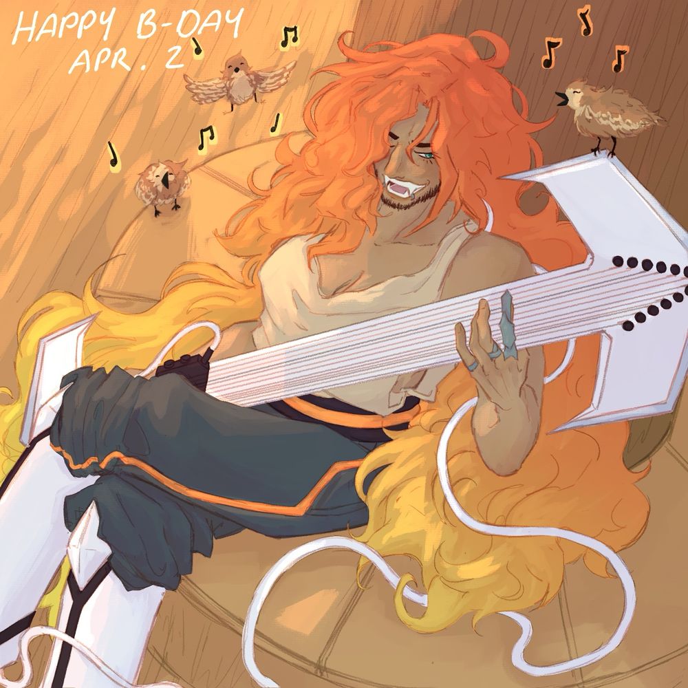 Apollo (oc) sitting on a bench around the middle mast of the Aages. Theyre sitting with legs crossed and playing their instrument while singing. 3 birds are tweeting and singing along with them, one perched on their instrument and the other 2 slightly further back on the bench. There is sunset lighting with blue shadow from the sails.