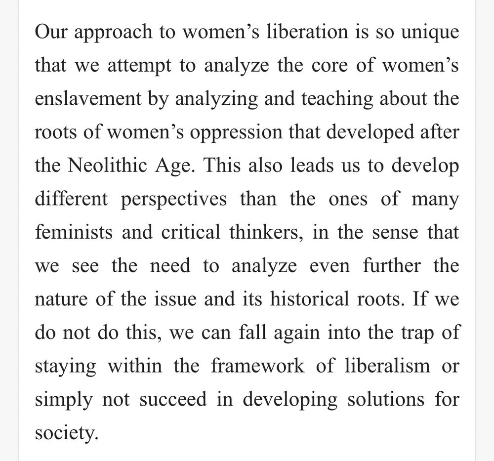Our approach to women's liberation is so unique that we attempt to analyze the core of women's enslavement by analyzing and teaching about the roots of women's oppression that developed after the Neolithic Age. This also leads us to develop different perspectives than the ones of many feminists and critical thinkers, in the sense that we see the need to analyze even further the nature of the issue and its historical roots. If we do not do this, we can fall again into the trap of staying within the framework of liberalism or simply not succeed in developing solutions for society.
