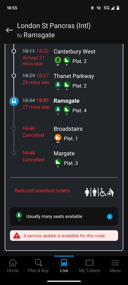 Screenshot showing my train home being delayed by 27 minutes, terminating early and having reduced toilet service. 
Stonking.