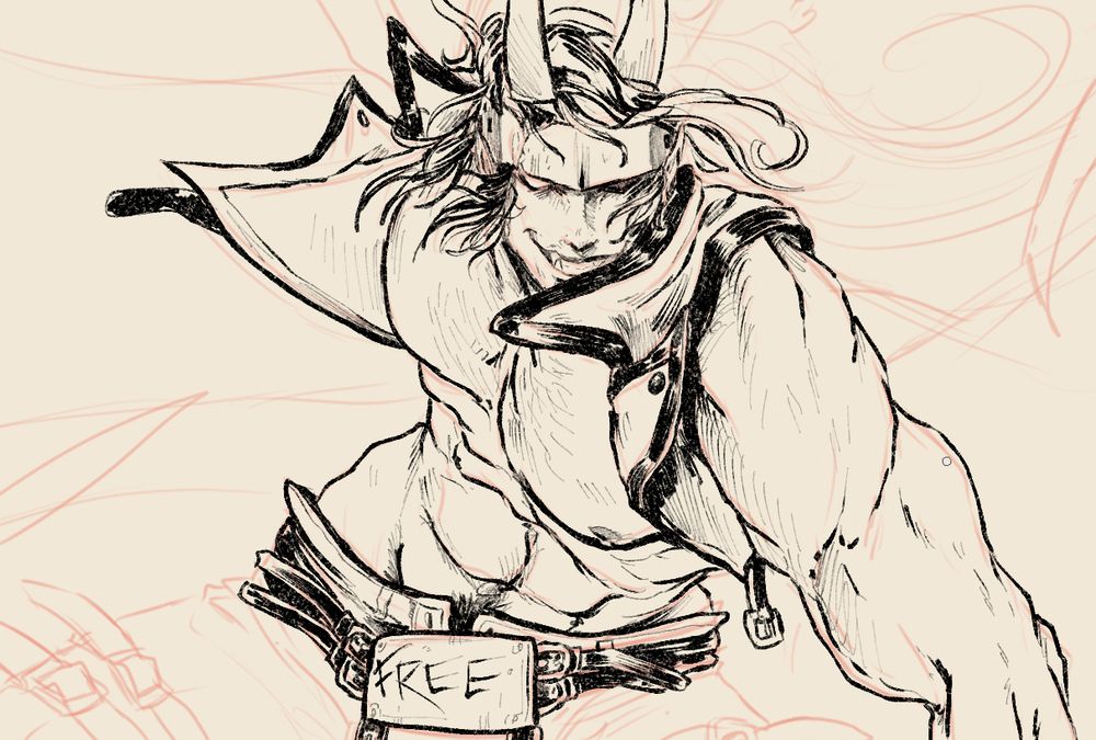 A work in progress digital drawing of Sol Badguy done with loose and gritty line art. He's leaning towards the viewer and grinning, exposing his fangs. His vest is blown open and his pants are unbuttoned, exposing his hairy chest and tummy to the world. Parts of the drawing aren't inked yet, such as his legs, ponytail, and one arm.