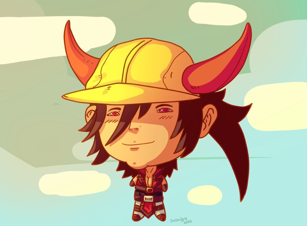 A stylized Sol Badguy digital drawing where he's wearing Freddie Mercury's yellow baseball cap with stuffed orange Viking horns from the Another One Bites The Dust music video by Queen. Sol's head is giant and his body is tiny. The drawing is cell shaded.