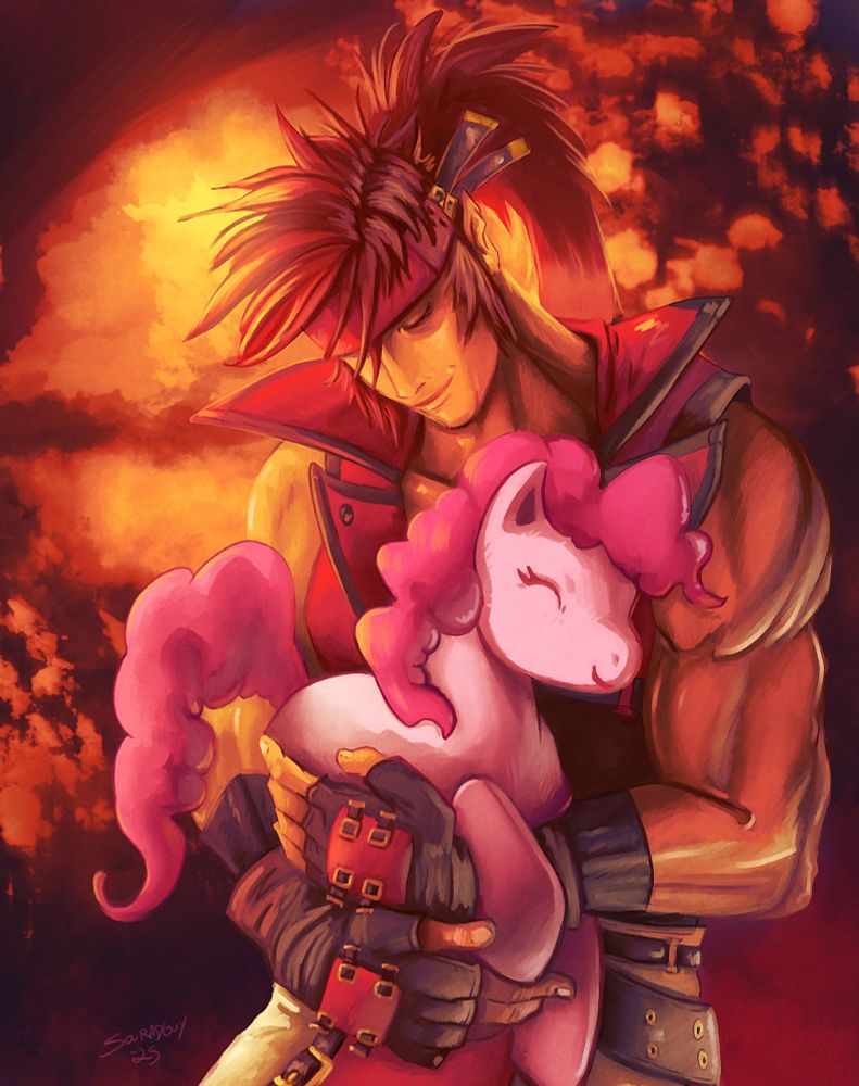 A digital painting of Sol Badguy holding Pinkie Pie gently in his arms. A vibrant orange sunset backlights them both. Sol is looking down at Pinkie and smiling peacefully while she rests her head against his chest.