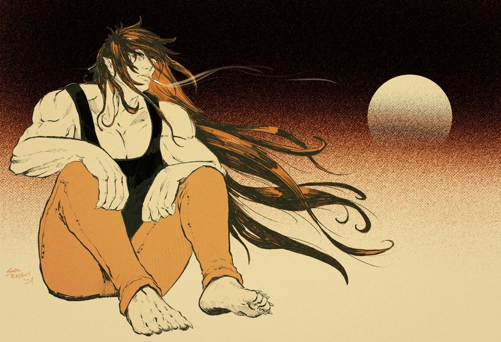 A digital monochrome yellow/brown sketch of Sol Badguy sitting on the ground with his hair down and his hands on his knees, smoking a cigarette. He's barefoot. 