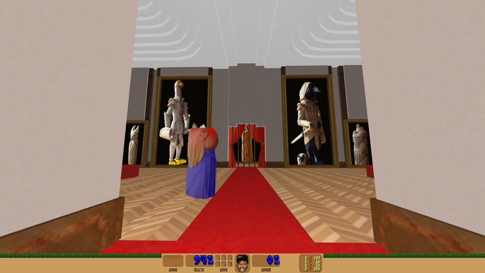 Screenshot of a wing of the museum the doom mod takes place, with my woodcarvings and a pissed off humanoid cuttlefish