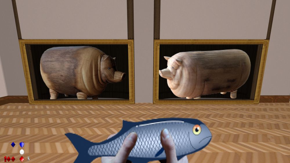 Screenshot of my doom mod, the player is holding a fish in front of two woodcarved hogs inside golden frames in a gallery hall