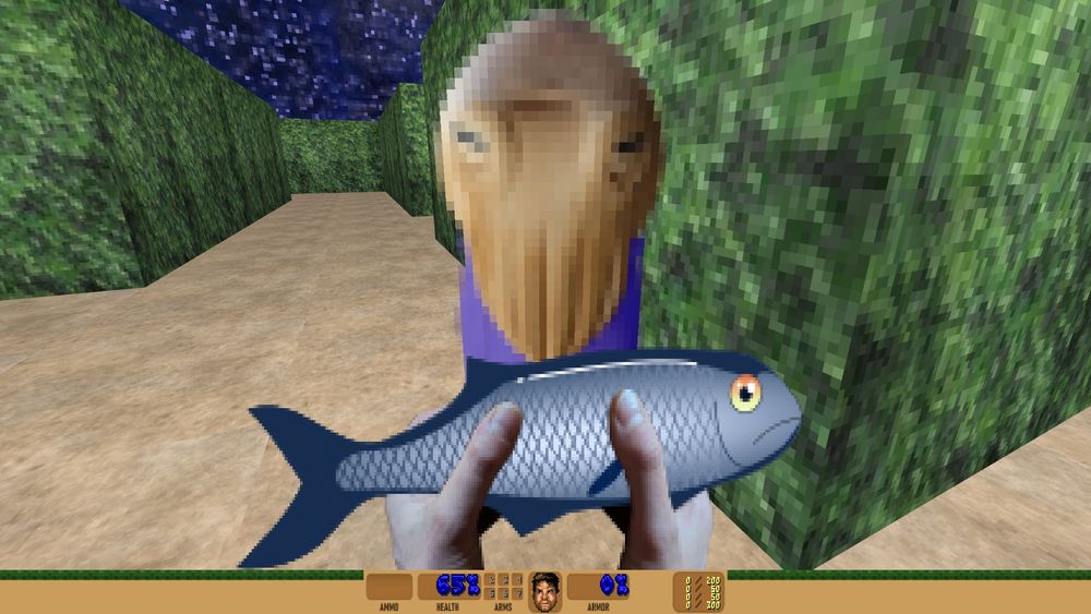 Screenshot of a the doom mod, the doomslayer is holding a fish he is giving to a humanoid cuttlefish