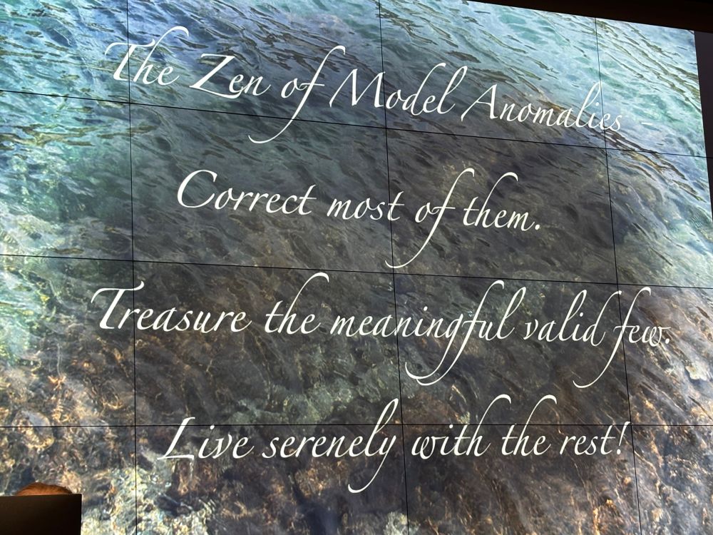 Slide with the follow text: “The zen of model anomalies. Correct most of them. Treasure the meaningful valid few. Live serenely with the rest!”
