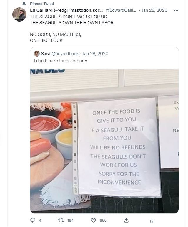 Screenshot of a Twitter post: @EdwardGaillard commenting:
THE SEAGULLS DON'T WORK FOR US.
THE SEAGULLS OWN THEIR OWN LABOR.

NO GODS, NO MASTERS,
ONE BIG FLOCK

below that , a retweet of Sara @tinyredbook, commenting"I don't make the rules sorry&quot; on a photo of a sign on a food cart: 

ONCE THE FOOD IS 
GIVE IT TO YOU  
IF A SEAGULL TAKE IT
FROM YOU
WILL BE NO REFUNDS.
THE SEAGULLS DON'T WORK FOR US.
SORRY FOR THE INCNVENIENCE." title="Screenshot of a Twitter post by @EdwardGaillard:

THE SEAGULLS DON'T WORK FOR US.
THE SEAGULLS OWN THEIR OWN LABOW.

NO GODS, NO MASTERS,
ONE BIG FLOCK

below that , a retweet of Sara @tinyredbook, commenting "I don't make the rules sorry" on a photo of a sign on a food cart: 

ONCE THE FOOD IS 
GIVE IT TO YOU  
IF A SEAGULL TAKE IT
FROM YOU
WILL BE NO REFUNDS.
THE SEAGULLS DON'T WORK FOR US.
SORRY FOR THE INCNVENIENCE.
