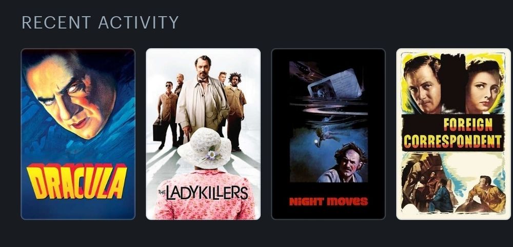 My most recent watched on Letterboxd. Left to right they are Dracula, The Ladykillers, Night Moves, Foreign Correspondent