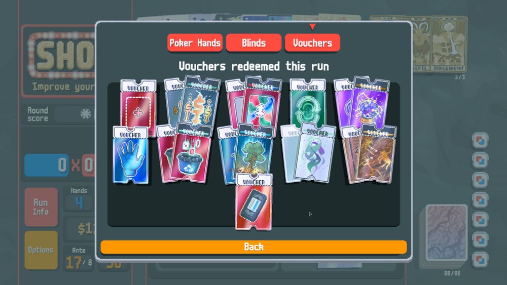 Vouchers: Overstock, both discounts, both edition vouchers, first reroll, both Crystal Balls, +1 hands, +2 discards, Money Tree, Antimatter, Petroglyph and first Reroll