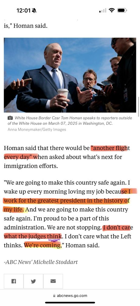 An image from a ABC News Article 2/2. Border Czar, Tom Homan stating “I don’t care what the judges think.” and that he “work[s] for the greatest president in the history of my life.” Regardless of judges orders, there would be “another flight every day.” 