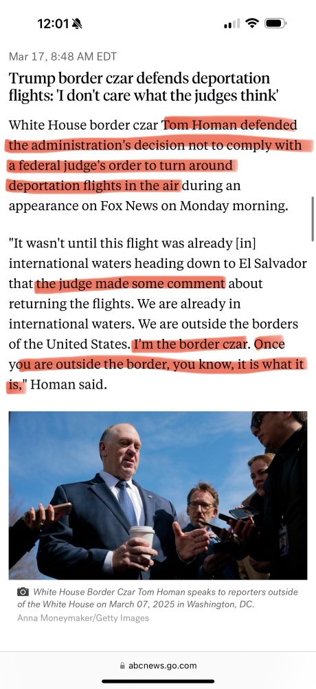 Article Image 1/2 from ABC. Border Czar Tom Homan defended the Trump Administration’s decision not to comply with the judge’s order to turn the deportation flight around. Tom states “It wasn’t until this flight was already [in] international waters […] that the judge made some comment[…]”. “I’m the border czar.” 