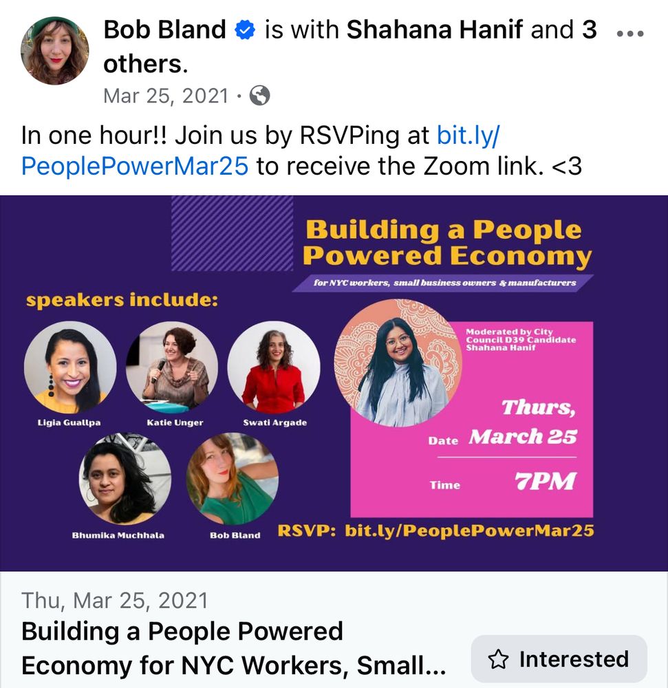 A screenshot of a 2021 post of a flyer “building a people powered economy” with images of Shahana Hanif and several women speakers. 