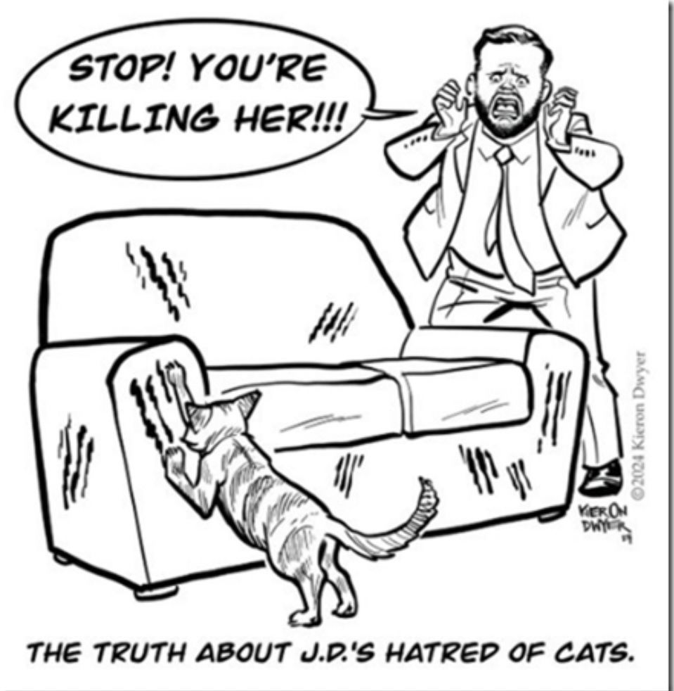 Cartoon cat scratches a couch while JD Vance gets angry. 