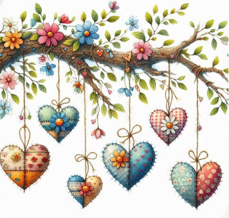 Heart shaped ornaments hanging from a flowering tree. 