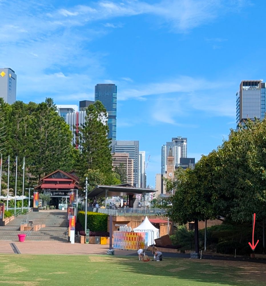 A photo taken during a sunny day at least half. The photo is Blue Sky with wispy white clouds. It is a zoomed out shot of Roma Street Parklands with the viewer facing the CBD. On the lower right hand corner, a red arrow has been drawn to a shadowy square which is the tiny door. It is overshadowed by a large stand of trees and is affixed to a low wall. The foreground is patchy green grass which has shown signs of drying out. You can also see grey concrete steps which head up towards the gardens cafe and a shaded picnic area. They're a flag poles, light posts, and some temporary tents set up as well as a bright pink oversized flower pot planter, which currently doesn't have anything growing in it. At the back of the photo, a more tall trees and even taller skyscrapers.