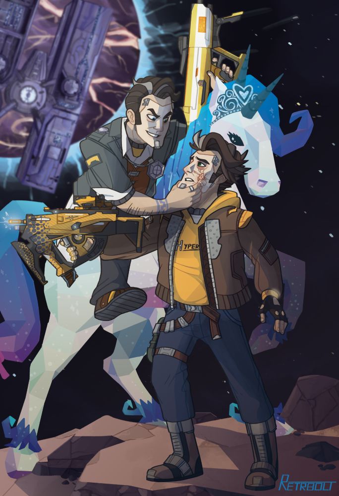 digital fanart for the game borderlands, featuring the characters handsome jack and timothy lawrence the doppelganger.

jack is riding his prized diamond pony, butt stallion, as he leans down to grasp on to timothy's face. timothy appears as he does in borderlands 3, however is still looking up to jack with the same fear as he used to have. wielding a new-hyperion smg as he shoots outwards. 