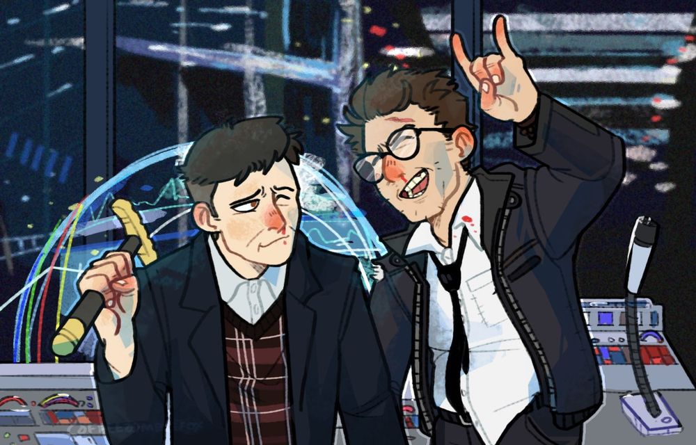 digital artwork, referencing the events of pacific rim, between newton and hermann. the art depicts the two men within a control room. both of them look a little disheveled, most likely from the kaiju war that they have just won, both with slightly bloodied noses.

hermann, on the left, is smiling softly up at newton, hunched forwards due to his cane being lifted. it is implied that newton is holding him up supporting his weight by grasping tightly on to his hand so he doesn't tip over.

newton, on the right, is excitedly pulling the 'sign of the horns' hand pose.