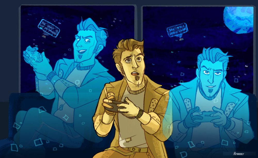 digital artwork depicting the character(s) timothy lawrence aka "jack" in borderlands the presequel.

"timothy" is sitting on a couch with the two digi-clones. they are playing a game of some form, and timothy is losing to the two jacks.