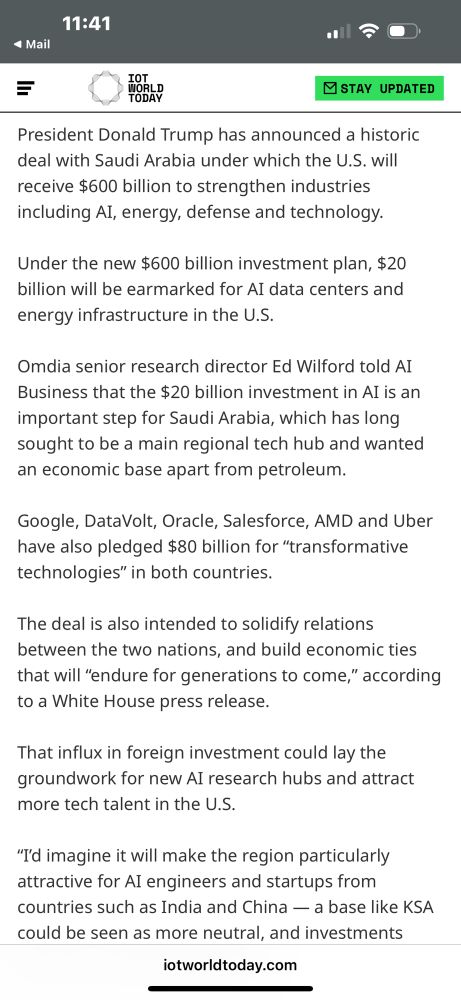 President Donald Trump has announced a historic deal with Saudi Arabia under which the U.S. will receive $600 billion to strengthen industries including AI, energy, defense and technology.

Under the new $600 billion investment plan, $20 billion will be earmarked for AI data centers and energy infrastructure in the U.S.

Omdia senior research director Ed Wilford told AI Business that the $20 billion investment in AI is an important step for Saudi Arabia, which has long sought to be a main regional tech hub and wanted an economic base apart from petroleum.

Google, DataVolt, Oracle, Salesforce, AMD and Uber have also pledged $80 billion for “transformative technologies” in both countries. 

The deal is also intended to solidify relations between the two nations, and build economic ties that will “endure for generations to come,” according to a White House press release.

That influx in foreign investment could lay the groundwork for new AI research hubs and attract more tech talent in the U.S. 

“I’d imagine it will make the region particularly attractive for AI engineers and startups from countries such as India and China — a base like KSA could be seen as more neutral, and investments harder to unwind,” Wilford said. 

However, there are concerns around foreign influence in AI-related sectors, especially when it involves sensitive areas like defense or critical infrastructure. 
e risk in replacing a rules-based like the AI Diffusion policy, with a more transactional approach” Wilford said. “Witnessing how tariffs have whipsawed over the last six weeks will make all the parties to this wary and want to make the deal as concrete as possible, as soon as possible.”

